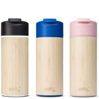 Welly 12 oz eco-friendly travel mug is made of stainless steel and bamboo; shown in black, blue, and rose highlight colors.