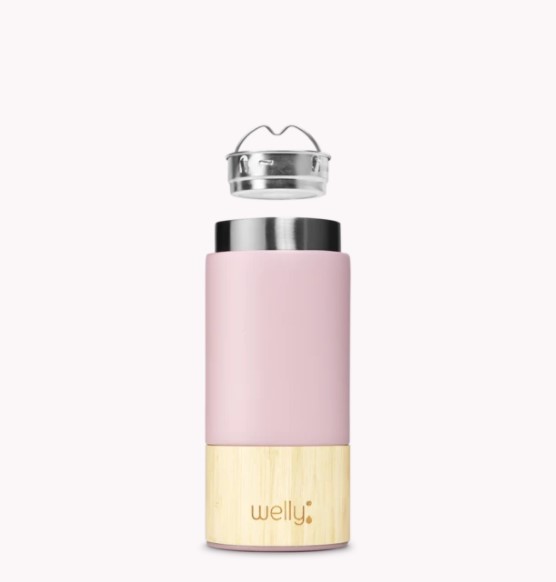 Welly 12 oz eco-friendly travel mug shown in rose and bamboo; this photo showcases the infuser that sits inside of the mug.