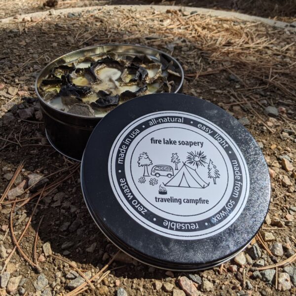 The portable campfire by fire lake soapery is all-natural, reusable, and any easy to use on-the-go fire for your next camping trip or backyard get-together!