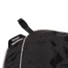 Close-up of the Nanoloft Travel Blanket by Rumpl, in black. Photo shows the cape clip that can be used to wear the blanket, hands-free.