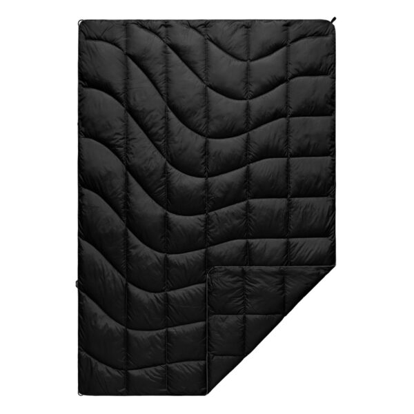 The Nanoloft Puffy Travel Blanket by Rumpl, shown in black, features a decorative wavy stitching, and is made from 100% post-consumer recycled materials.
