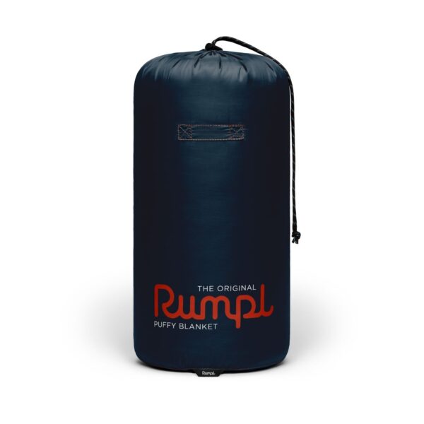 The pack sack of the original Rumpl 2 person puffy blanket in deepwater blue, made from 100% post-consumer recycled materials.