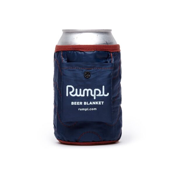 The Beer Blanket slash Koozie by Rumpl is great for keeping your hands warm and your drink cold and is made from 100% recycled materials. Shown in deepwater blue.