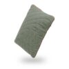 The front of the Rumpl stuffable pillow in desert sage. The 100% recycled fleece has a fun geometric pattern stitched into it.