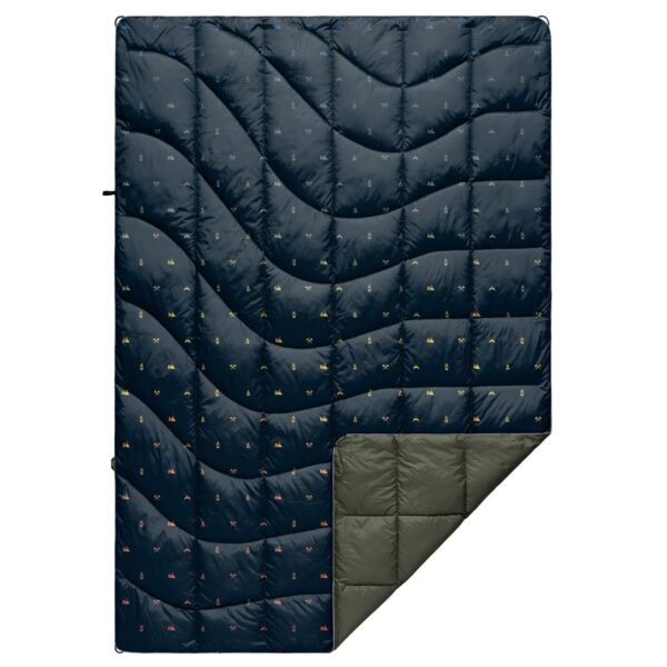The Nanoloft Puffy Blanket by Rumpl is shown here in the Outdoor Vibes design, which features a green-gray back and a navy front with small camping icons like lantern, tent, axe, and campfire.