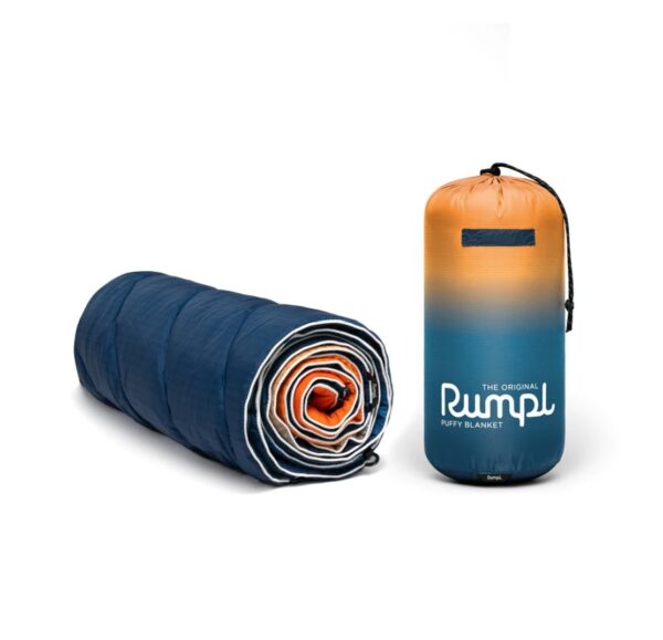 Carry case of recycled, down-alternative Rumpl blanket in Sunset Fade