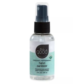 All Good Organic Peppermint Hand Sanitizer comes in a 2 fl oz travel size bottle with spray applicator.