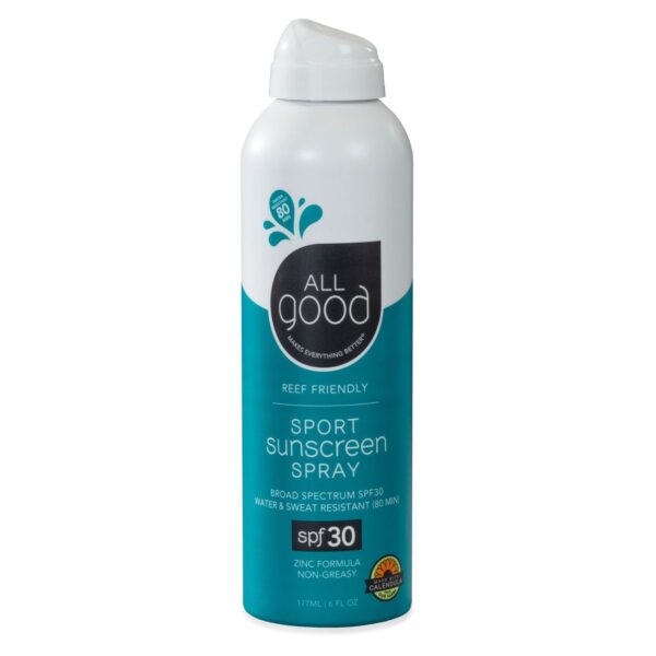 All Good Products brand reef friendly 30 SPF Sport Sunscreen Spray is safe for your skin and safe for the earth.
