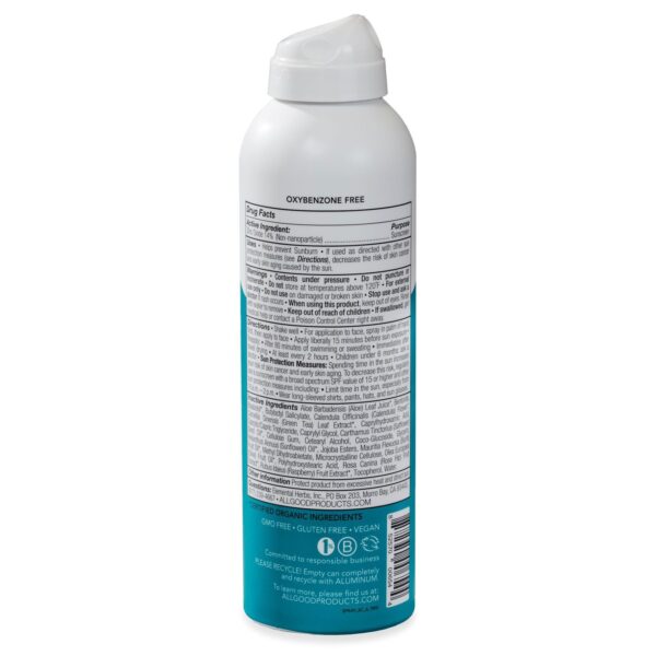 All Good Products brand reef friendly 30 SPF Sport Sunscreen Spray is safe for your skin and safe for the earth. Back of bottle shown with full list of ingredients, including oxybenzone free.