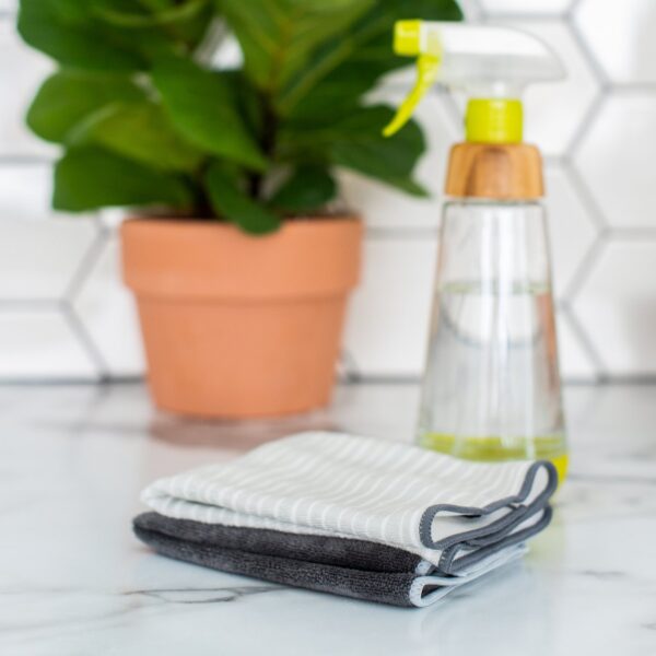 Grey recycled microfiber cleaning cloth on countertop for low waste living products