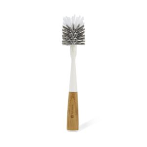 Recycled plastic white bottle brush with bamboo handle for low waste kitchens