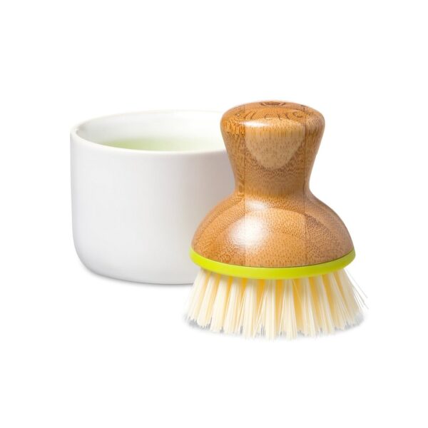 Bamboo Bubble Up dish brush with white ceramic dish set for low waste kitchens