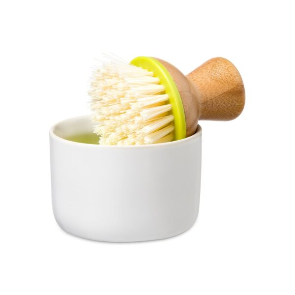 Bamboo Bubble Up dish brush with white ceramic dish set for low waste kitchens