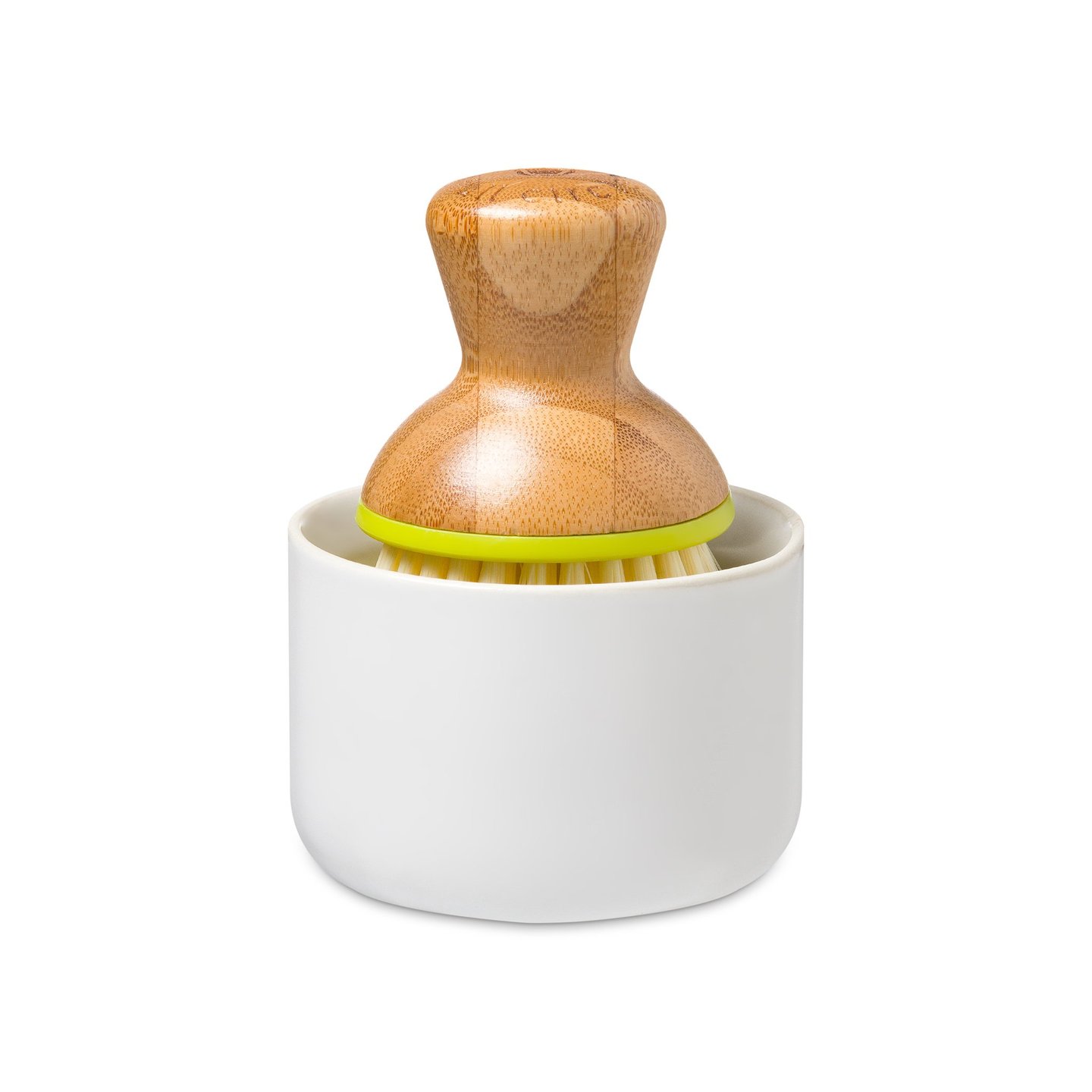 FULL-CIRCLE-BUBBLE-UP-DISH-SET-3 Bamboo Bubble Up dish brush with white ceramic dish set for low waste kitchens