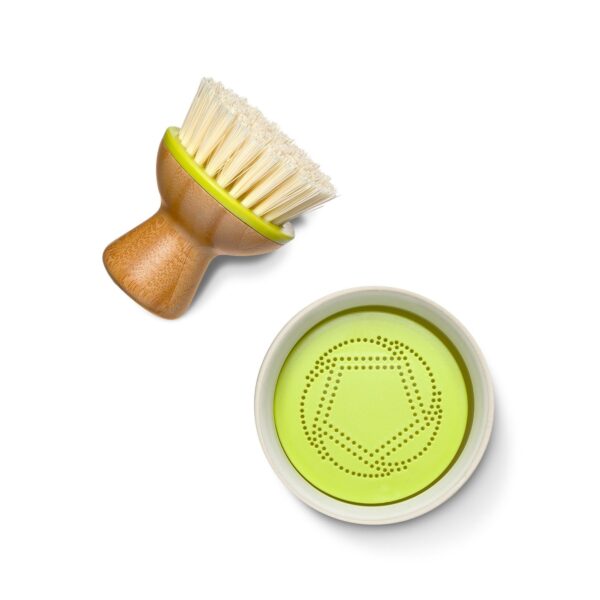 Bamboo Bubble Up dish brush with white ceramic dish set for low waste kitchens