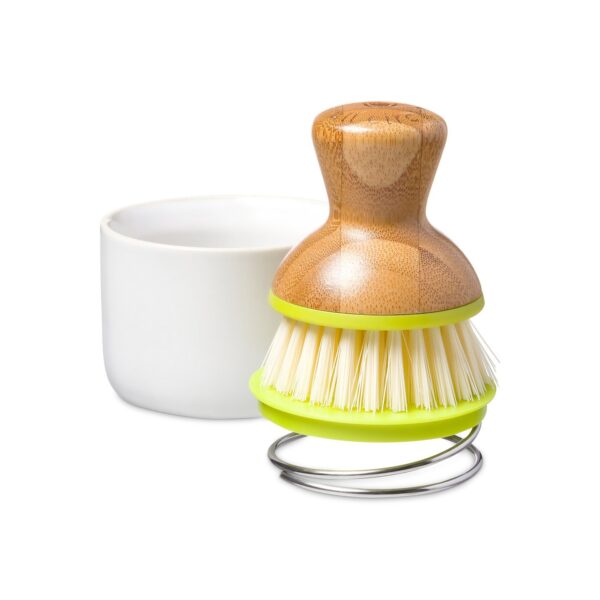 Bamboo Bubble Up dish brush with white ceramic dish set for low waste kitchens