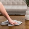 Eco-friendly white recycled microfiber dust cloth on a wood console from Full Circle Home