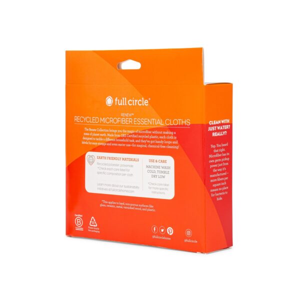 Set of 5 recycled microfiber cleaning cloths from Full Circle Home for sustainable cleaning products in box, back view