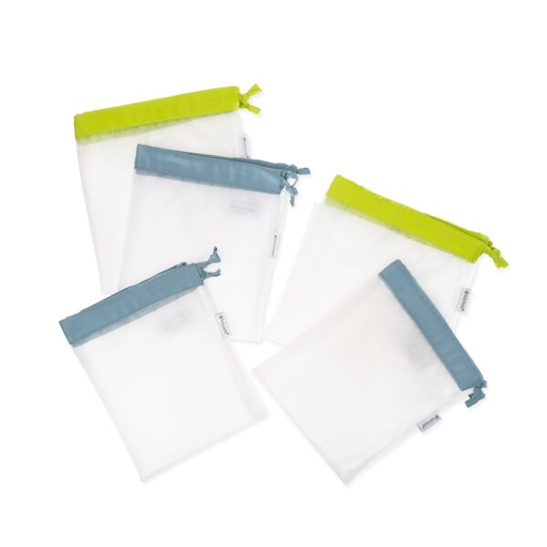 Set of five reusable produce bags made from recycled plastic for zero waste grocery shopping