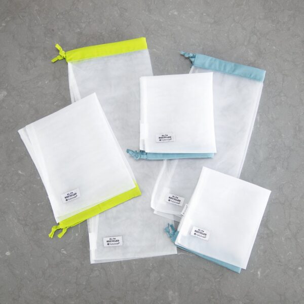 Set of five reusable produce bags made from recycled plastic for zero waste grocery shopping