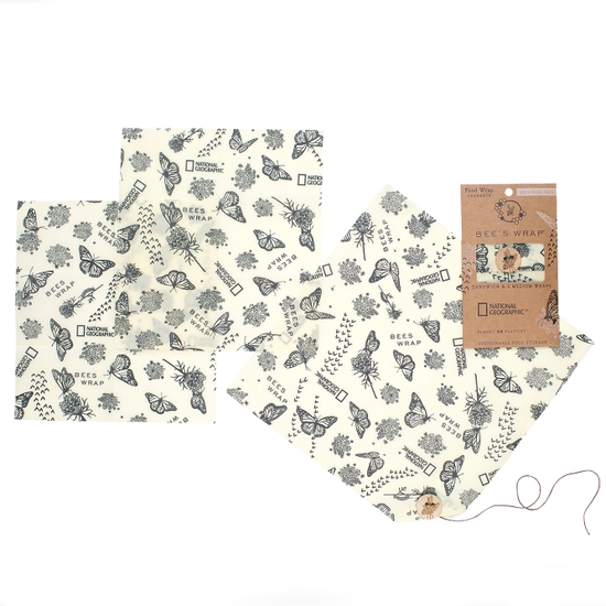Photo shows the lunch pack 3 piece set with 1 sandwich wrap and 2 medium beeswax food wraps from Bee's Wrap, in a fun monarch print.