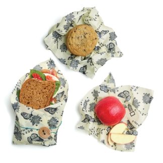 The beautiful 3piece lunch pack with monarch print by Bee's Wrap comes with one sandwich wrap and two medium beeswax food wraps.