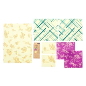 The diagram of the Beeswrap brand 7 piece variety pack shows one bread wrap in honeycomb, two small honeycomb wraps, 2 medium clover wraps, and 2 large geometric wraps.