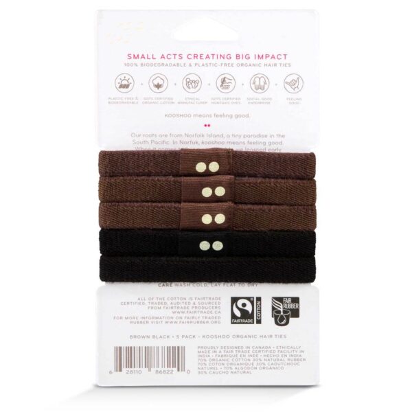 Photo shows organic, fair trade, ethically made hair ties in black and brown on Kooshoo brand paper packaging.