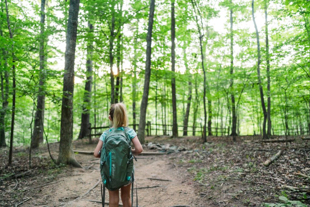 A young girl in a backpack looking out into the forest for eco-friendly things to teach your kids blog