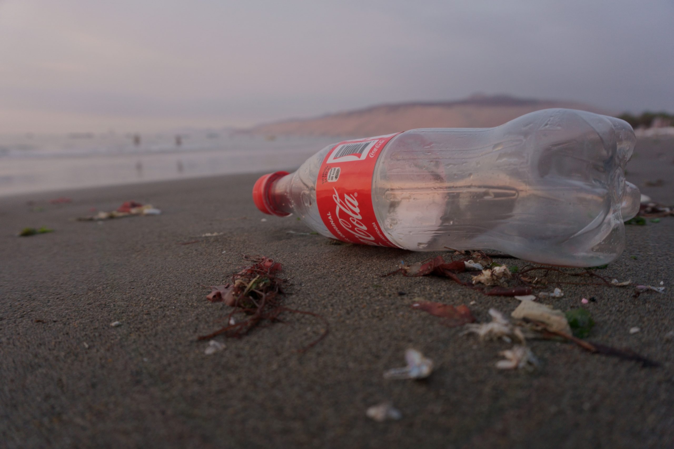 empty plastic coke bottle on beach for plastic waste
