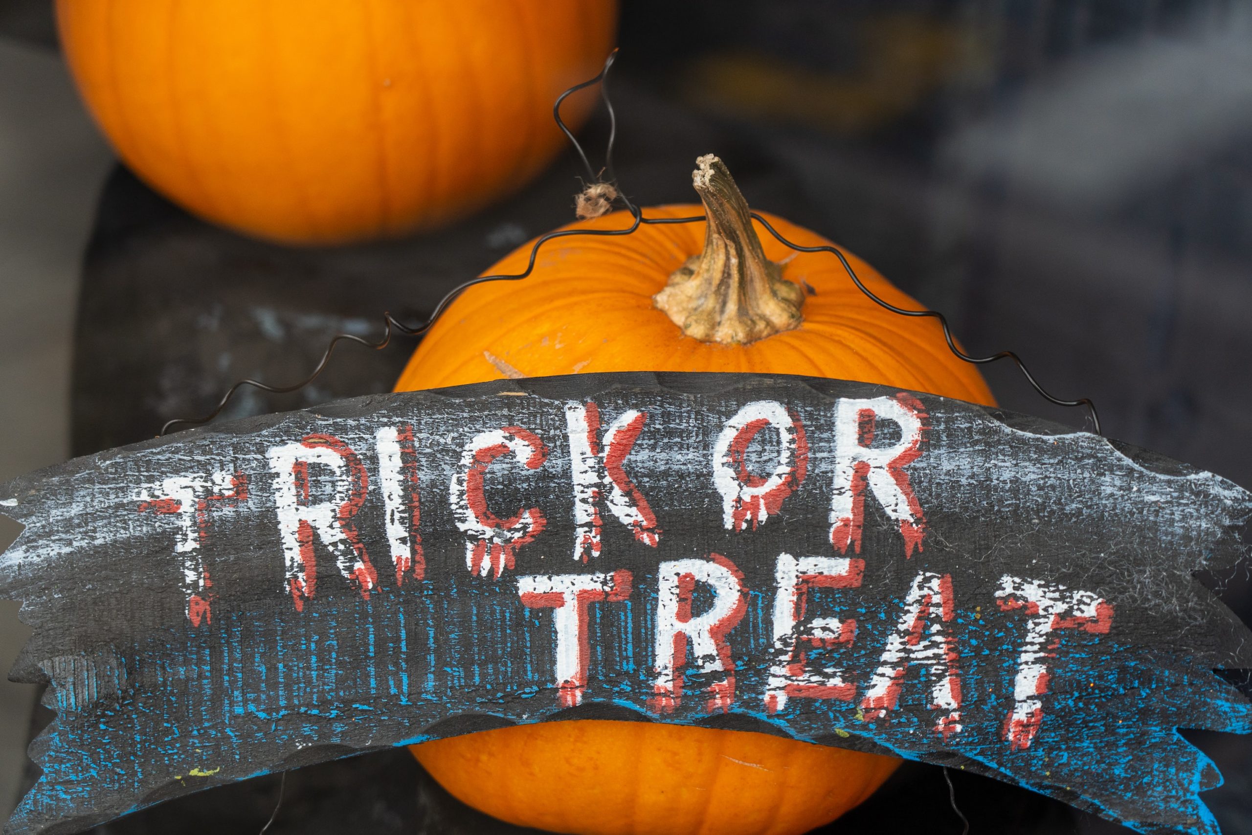 Pumpkins with Trick or Treat wooden sign for sustainable halloween