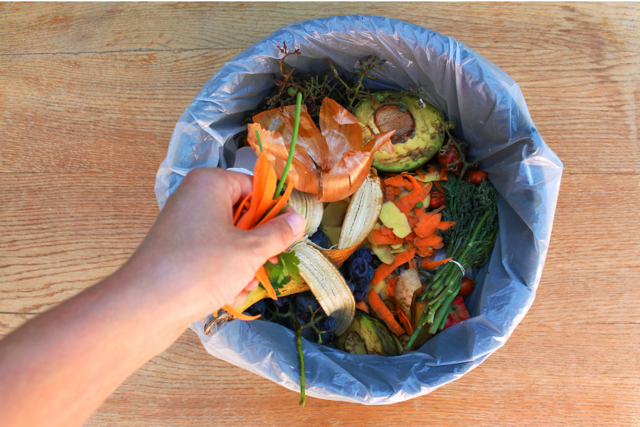 Food scraps going into compost bucket