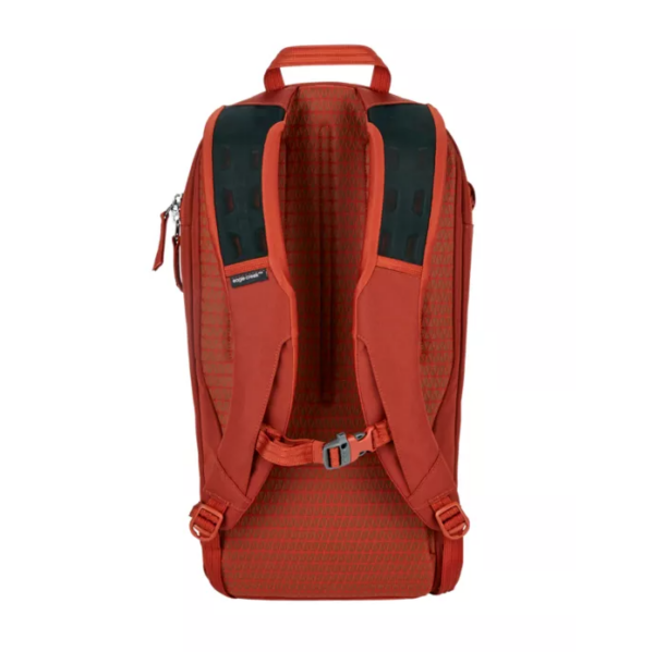 Photo shows the back of the Explore 26L backpack by Eagle Creek, with padded straps, padded back panel, breathable mesh, and adjustable sternum strap with innovative safety whistle.