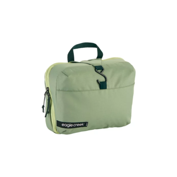 The eco-friendly Pack-It Reveal Hanging Toiletry Kit, shown here in mossy green, has a hook and a handy carrying handle; made from water repellent, recycled materials.