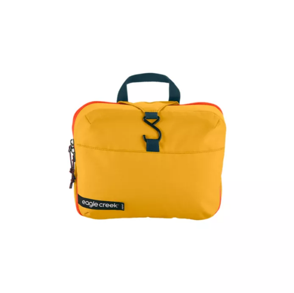 The eco-friendly Pack-It Reveal Hanging Toiletry Kit, shown here in sahara yellow, has a hook and a handy carrying handle; made from water repellent, recycled materials.