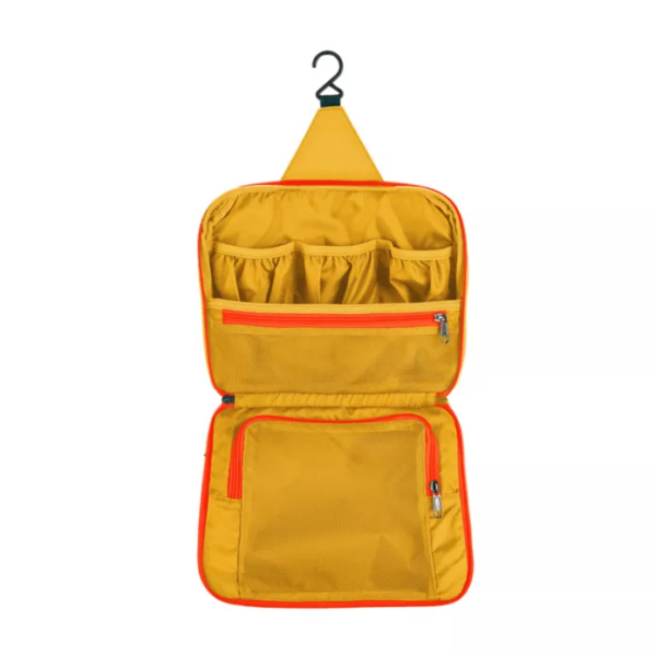 The earth-friendly Pack-It Reveal Hanging Toiletry Kit, shown here in sahara yellow, has many interior pockets and mesh zippered compartments. Made from 100% recycled materials.