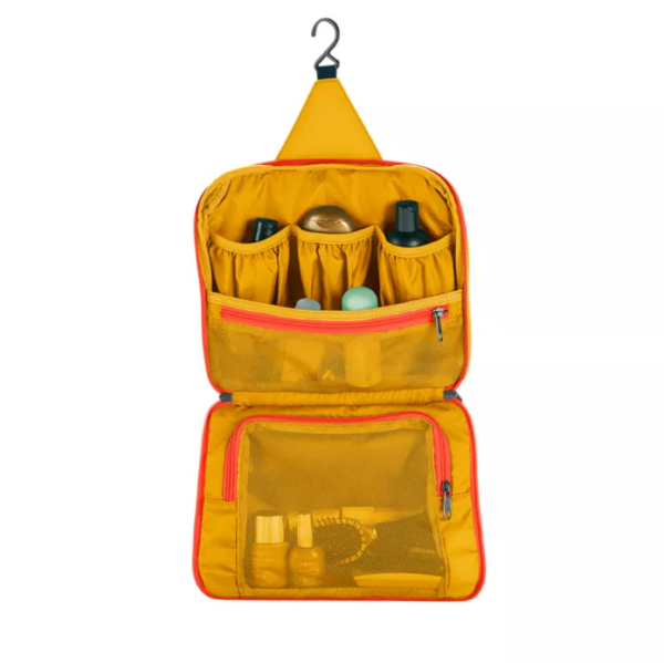 The earth-friendly Pack-It Reveal Hanging Toiletry Kit, shown here in sahara yellow, has many interior pockets and mesh zippered compartments. Made from 100% recycled materials.