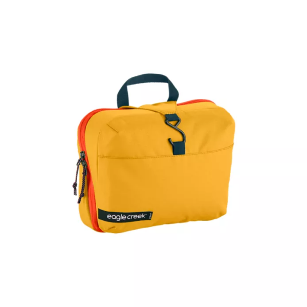 The eco-friendly Pack-It Reveal Hanging Toiletry Kit, shown here in sahara yellow, has a hook and a handy carrying handle; made from water repellent, recycled materials.