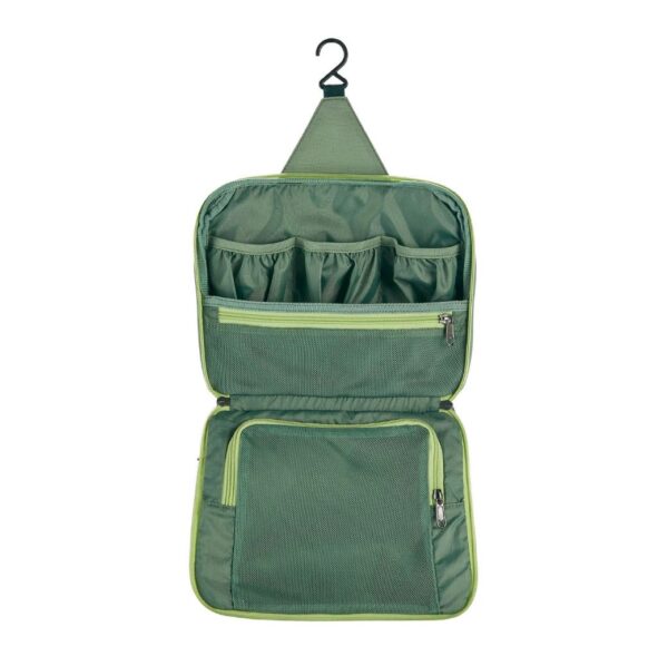 Eco friendly recycled hanging toiletry kit in mossy green open view for sustainable travel