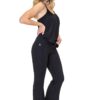 Model is wearing the eco-friendly black happy hour pants by JJWinks, with slimming side panel and a no muffin top four inch waist band.