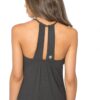 The back of the slumber party top, shown here in charcoal, includes 2 straps that hang in between the shoulder blades, and includes a top strap that is detachable and adjustable.