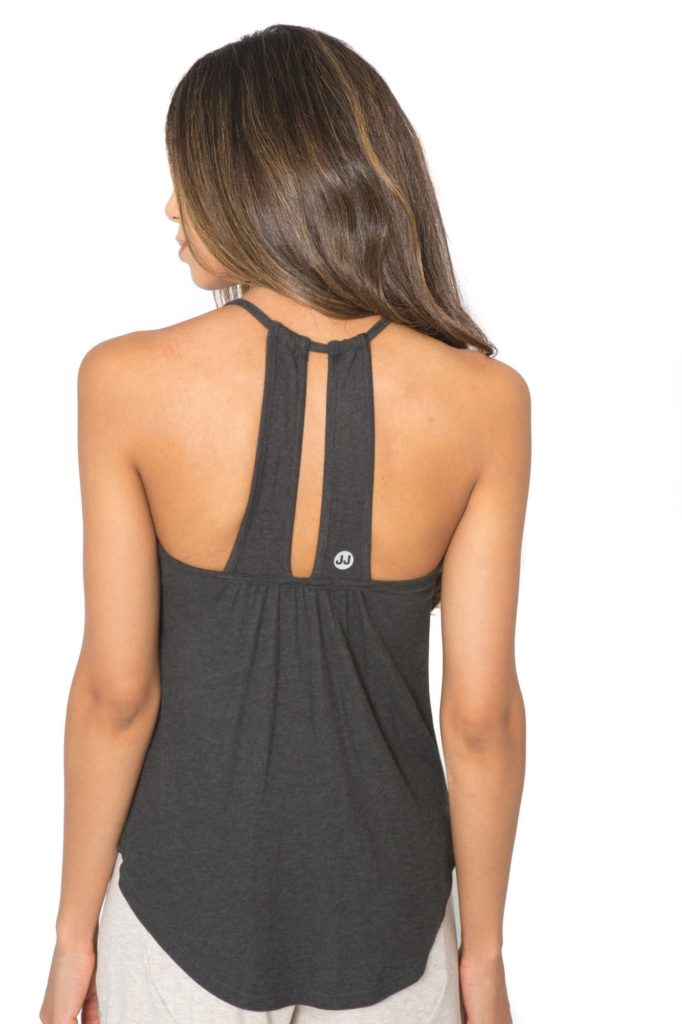 The back of the slumber party top, shown here in charcoal, includes 2 straps that hang in between the shoulder blades, and includes a top strap that is detachable and adjustable.