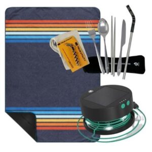 Eco-friendly picnic set with ground blanket, solar lights, wine opener and reusable cutlery