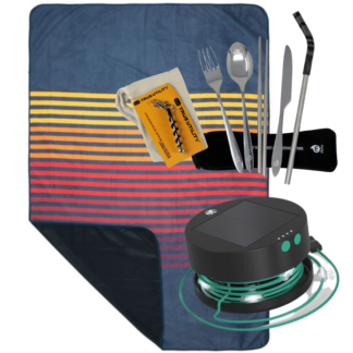 Eco-friendly gift box set with stash mat, reusable cutlery set, wine opener and solar string lights