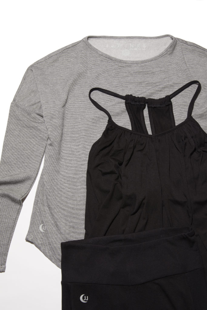 View of USA-made, sustainable grey Fri-nally Pullover and Black Slumber Party tank