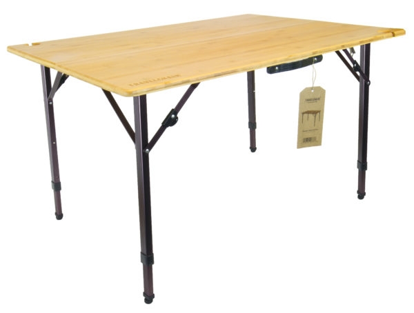 View of adjustable, collapsible eco-friendly bamboo camping and travel table