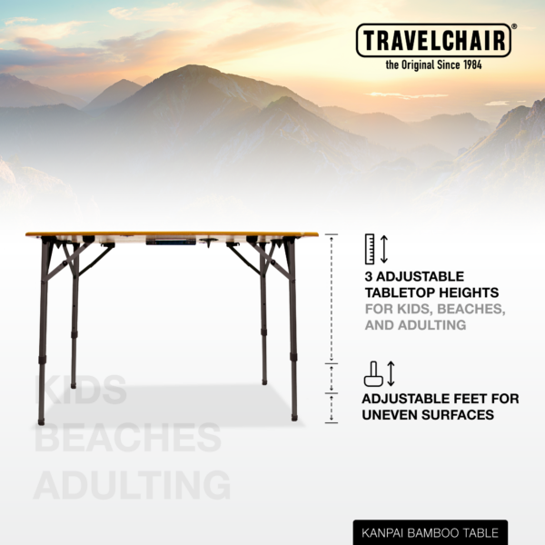 Functional three heights diagram for bamboo, folding travel table