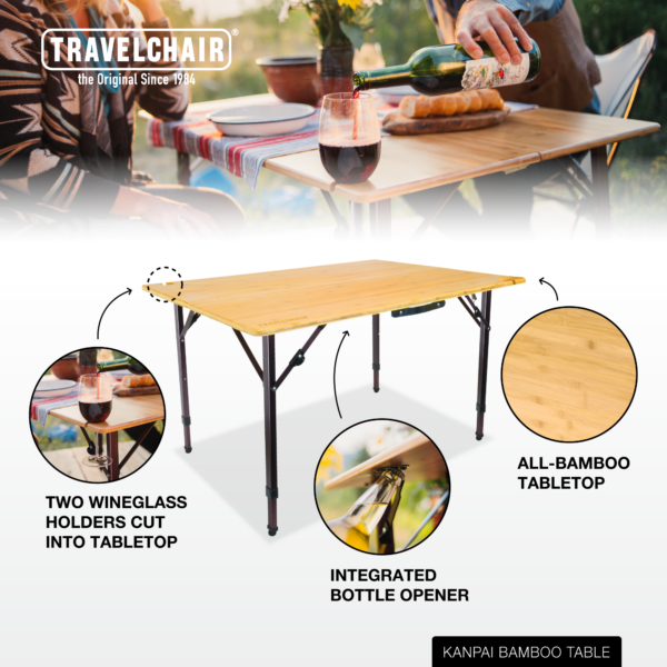 Functional wine glass holder and bottle opener diagram for bamboo folding travel table
