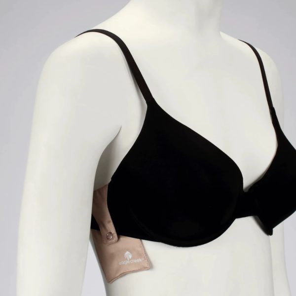 The eco-friendly Silk Undercover Bra Stash by Eagle Creek, shown here in a rose color, is made from natural, washable, breathable silk. It can attach to a bra on the side strap for close-to-body travel security.