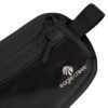 This money belt by Eagle Creek is made from natural silk. Photo shows detail of Eagle Creek logo and zipper pulls. An eco-friendly travel solution that will keep your belongings safe!